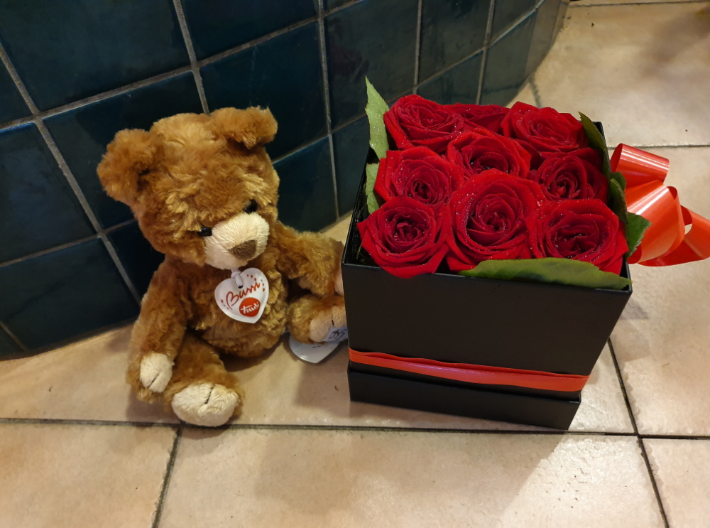 Trudi Orsetto Bussi e scatola 9 rose rosse – ORDINA AL TELEFONO
